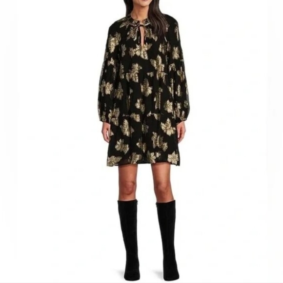 Tommy Bahama Shimmering Shores Longs Sleeve Tiered Dress: Black & Gold Metallic - Picture 2 of 14